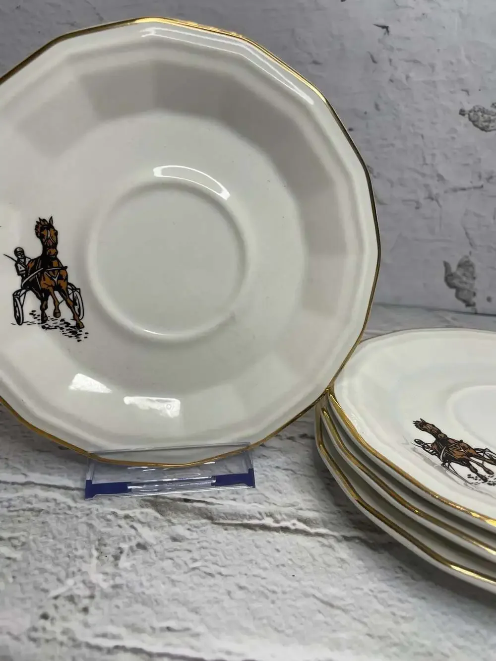 Vintage Octagonal Porcelain Saucers with Equestrian Horse and Carriage Motif